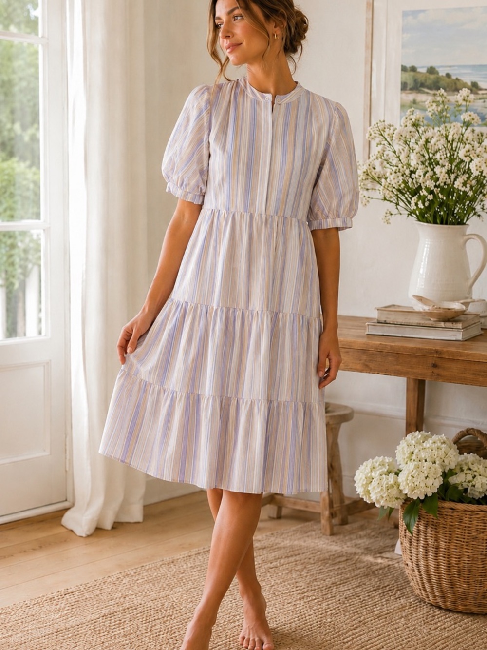 English Factory Striped Tiered Puff Sleeve Midi Dress XS Cottagecore